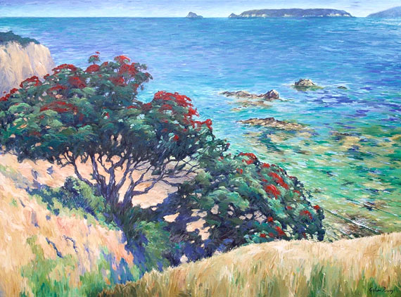 Graham Downs nz landscape artist, coastal pohutukawa